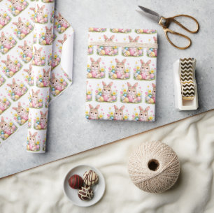 Vintage Easter Bunny Rabbit Pink Watercolor Wrapping Paper
