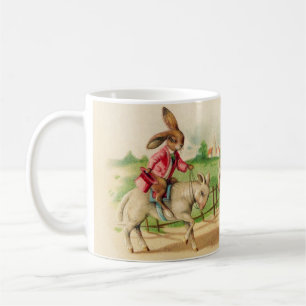 Vintage Easter Bunny Rabbit Riding Lambs Greetings Coffee Mug