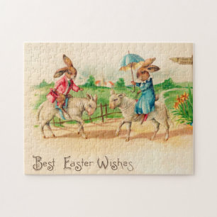 Vintage Easter Bunny Rabbit Riding Lambs Greetings Jigsaw Puzzle