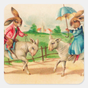 Vintage Easter Bunny Rabbit Riding Lambs Greetings Square Sticker