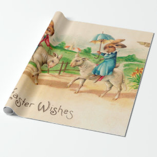 Vintage Easter Bunny Rabbit Riding Lambs Greetings Wrapping Paper