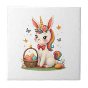Vintage Easter Bunny Unicorn Pastel Floral Cartoon Tile