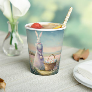 Vintage Easter bunny with basket of easter eggs Paper Cups