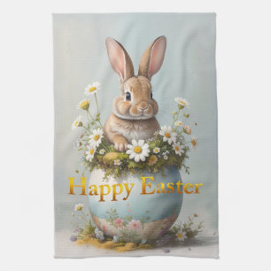 Vintage Easter Bunny with daisies Tea Towel