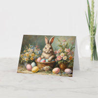 Vintage Easter Bunny with Easter Eggs and Flowers 