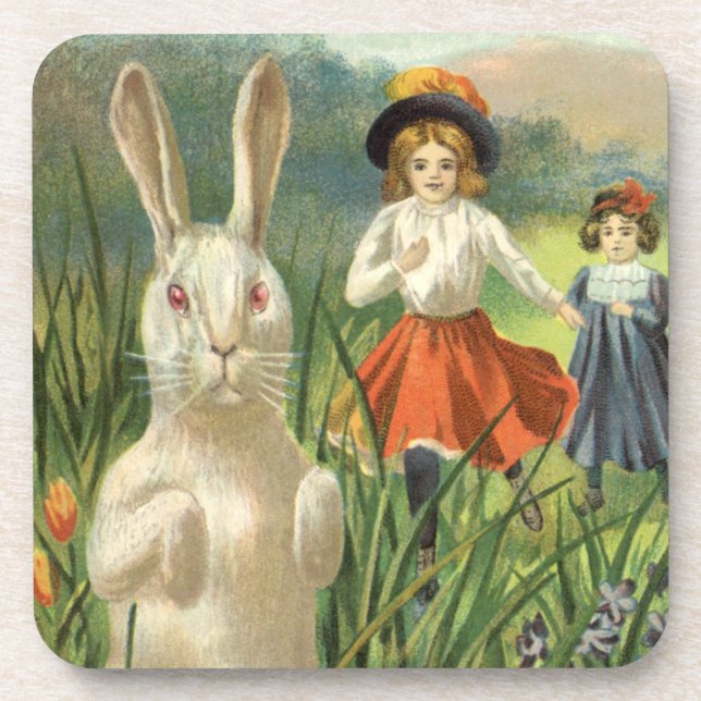 Vintage Easter Bunny with Eggs and Children Coaster (Front)