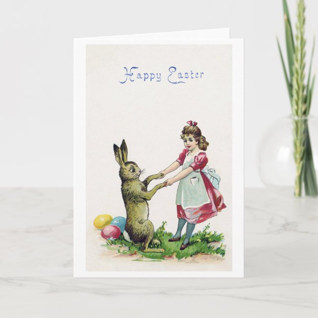 Vintage Easter Bunny with Girl Card (Front)
