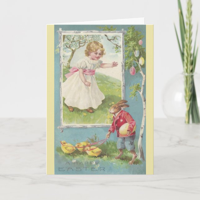 Vintage Easter Bunny with Little Girl, Holiday Card (Front)