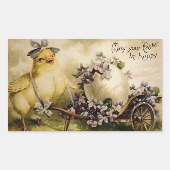 Vintage Easter Chick & Egg Cart Rectangular Sticker (Front)