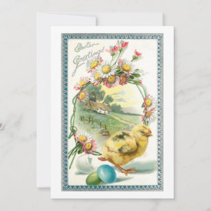 Vintage Easter Chick, Greeting and Daisies Holiday Card