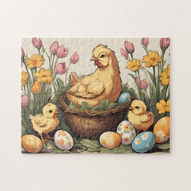 Vintage Easter Chicken Family in Spring Garden  Jigsaw Puzzle (Horizontal)