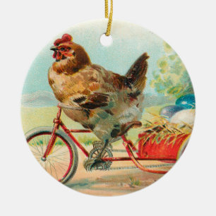 Vintage Easter Chicken Riding a Bicycle Easter Egg Ceramic Tree Decoration