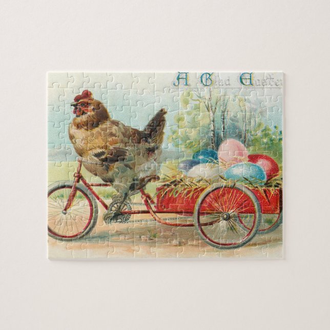 Vintage Easter Chicken Riding a Bicycle Easter Egg Jigsaw Puzzle (Horizontal)