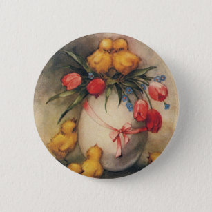 Vintage Easter Chicks, Egg with Red Tulip Flowers 6 Cm Round Badge