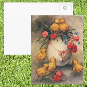 Vintage Easter Chicks, Egg with Red Tulip Flowers Holiday Postcard