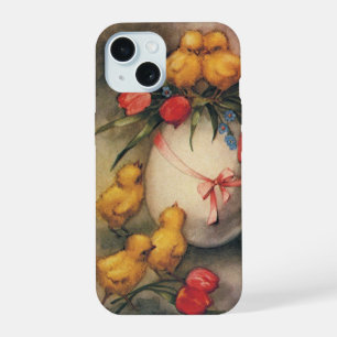 Vintage Easter Chicks, Egg with Red Tulip Flowers iPhone 15 Case