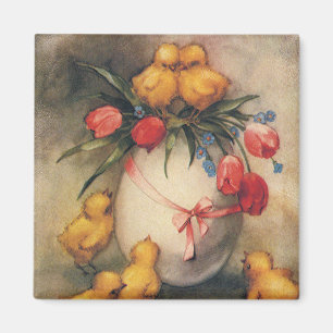 Vintage Easter Chicks, Egg with Red Tulip Flowers Magnet