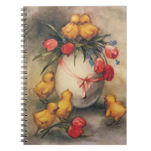 Vintage Easter Chicks, Egg with Red Tulip Flowers Notebook