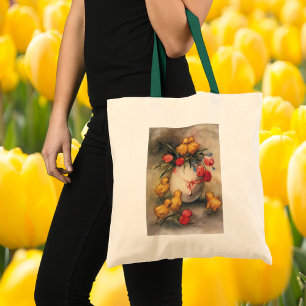 Vintage Easter Chicks, Egg with Red Tulip Flowers Tote Bag
