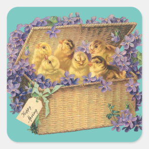 Vintage Easter Chicks in Basket, 'Happy Spring' Square Sticker