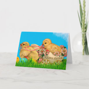Vintage Easter Chicks with Blue Sky and Easter Egg Holiday Card