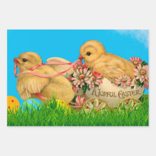 Vintage Easter Chicks with Blue Sky and Easter Egg Wrapping Paper Sheet