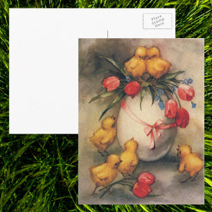 Vintage Easter Chicks with Red Tulip Flowers Holiday Postcard