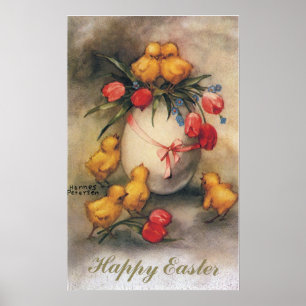 Vintage Easter Chicks with Red Tulip Flowers Poster
