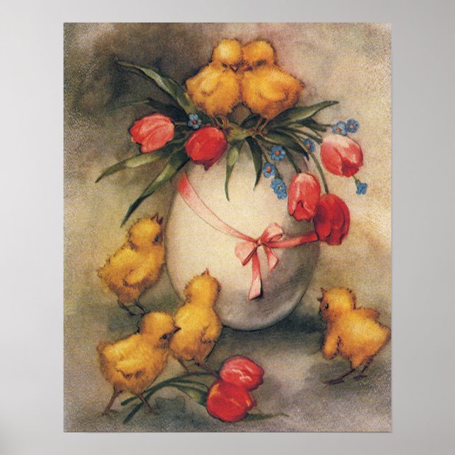 Vintage Easter Chicks with Red Tulip Flowers Poster (Front)