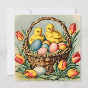   Vintage  Easter  Chicks with tulips  Invitation