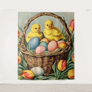 Vintage Easter Chicks with tulips Tapestry