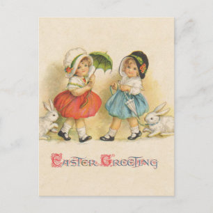 Vintage Easter Children Rabbits Bonnets Antique Holiday Postcard
