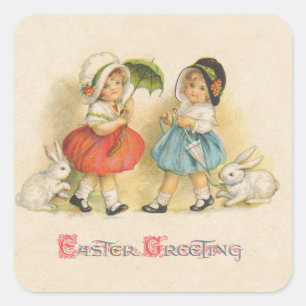 Vintage Easter Children Rabbits Bonnets Antique Square Sticker