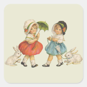Vintage Easter Children Rabbits Bonnets Antique Square Sticker