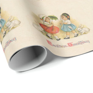 Vintage Easter Children Rabbits Bonnets Antique Wrapping Paper