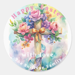 Vintage Easter Church Cross Flowers.  Classic Round Sticker