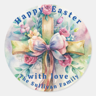 Vintage Easter Church Cross Flowers.  Classic Round Sticker
