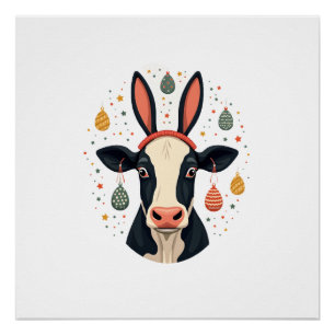 Vintage Easter Cow Bunny Ears Cute Farm Animal Egg Poster