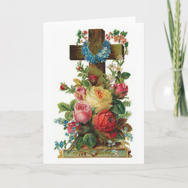 Vintage Easter Cross & Flowers (Blank Inside), Holiday Card (Front)