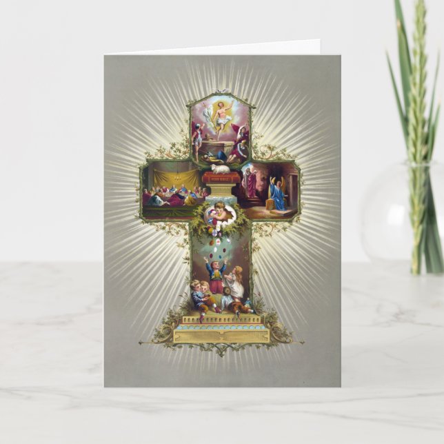 Vintage Easter Cross Religious Gold Holiday Card (Front)