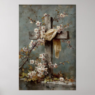 Vintage Easter Cross Wall Art, Christian Spring Poster