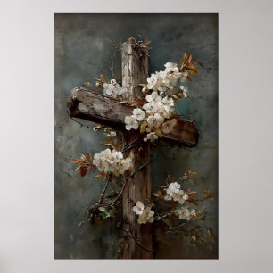 Vintage Easter Cross Wall Art, Christian Spring Poster