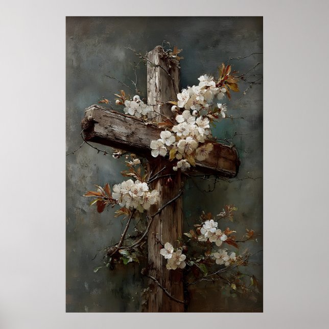 Vintage Easter Cross Wall Art, Christian Spring Poster (Front)
