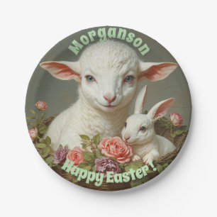 Vintage Easter Custom Personalise Lamb & Bunny  Paper Plate