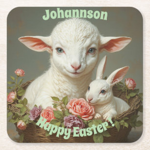 Vintage Easter Custom Personalise Lamb & Bunny Square Paper Coaster