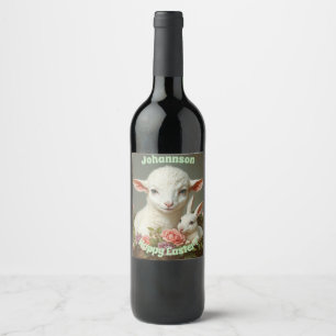 Vintage Easter Custom Personalise Lamb & Bunny  Wine Label