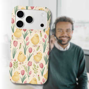 Vintage Easter Cute Yellow Chicks Red Tulips