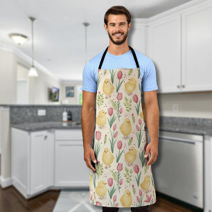 Vintage Easter Cute Yellow Chicks Red Tulips Apron