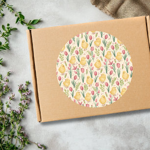 Vintage Easter Cute Yellow Chicks Red Tulips Classic Round Sticker
