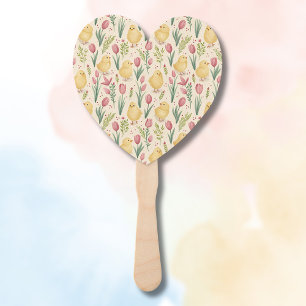 Vintage Easter Cute Yellow Chicks Red Tulips Hand Fan